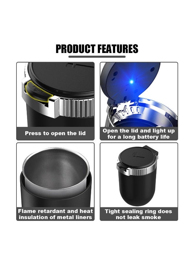 Chabeia Smokeless Car Ashtray with Lid - Stainless Steel Inner Container Windproof Ashtray, Portable LED Blue Light Auto Accessories for Travel, Detachable Mini Trash Can (Silver 1-Pack) - Image 3