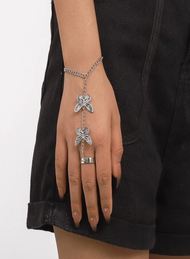 Chargances Silver Butterfly Finger Ring Bracelet Red Rhinestone Hand Harness Chain Bracelet Adjustable Slave Chain Bracelet Accessoris for Women Girls Gift Party (Style 2) - Image 3