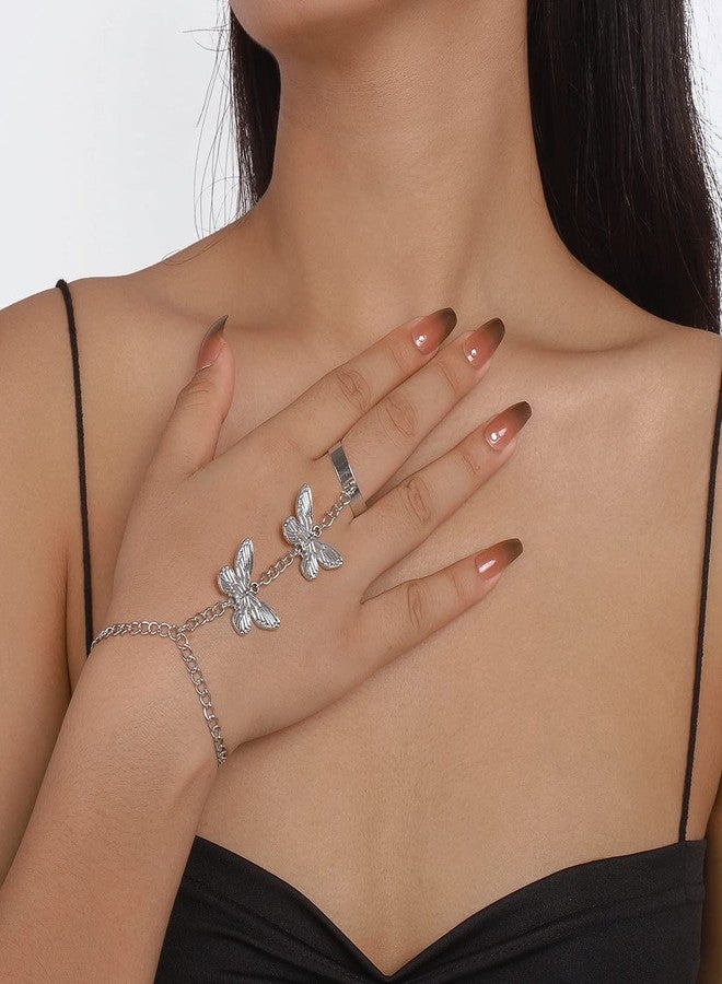 Chargances Silver Butterfly Finger Ring Bracelet Red Rhinestone Hand Harness Chain Bracelet Adjustable Slave Chain Bracelet Accessoris for Women Girls Gift Party (Style 2) - Image 2