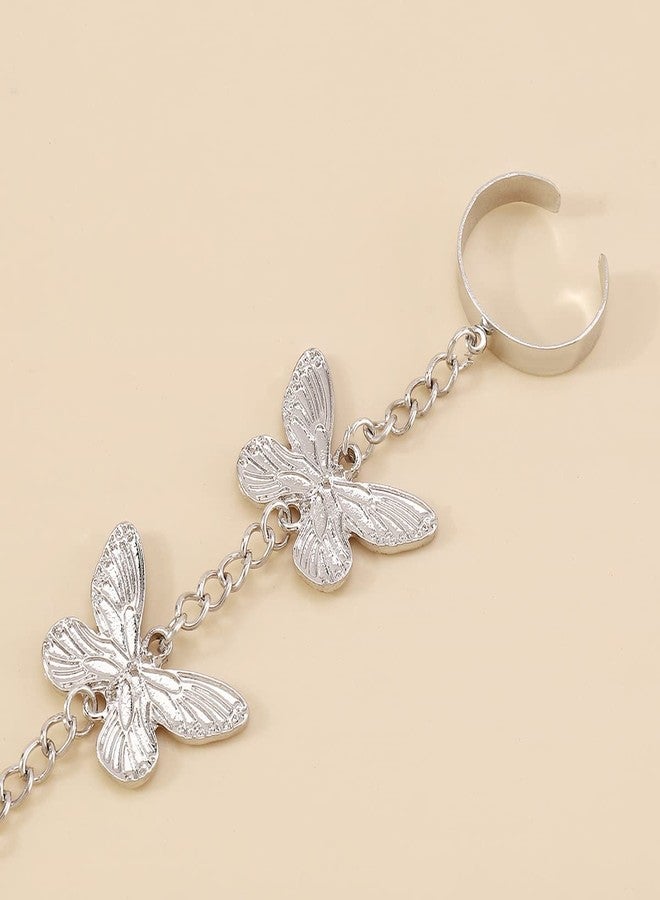 Chargances Silver Butterfly Finger Ring Bracelet Red Rhinestone Hand Harness Chain Bracelet Adjustable Slave Chain Bracelet Accessoris for Women Girls Gift Party (Style 2) - Image 5