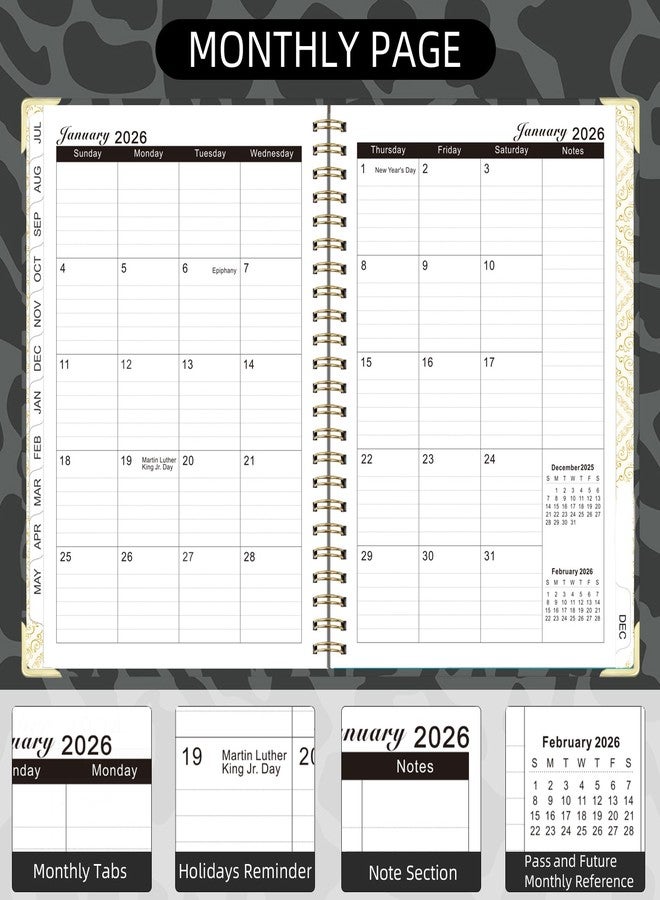 Knagsfa 2026 Planner, Jan.2026 - Dec.2026 Planner Weekly and Monthly 6.25"x8.5" with Page Tabs, Calendar Hardcover with Inner Pocket, Elastic Band,Twin-Wire Binding,Bookmark, Black Leopard - Image 4