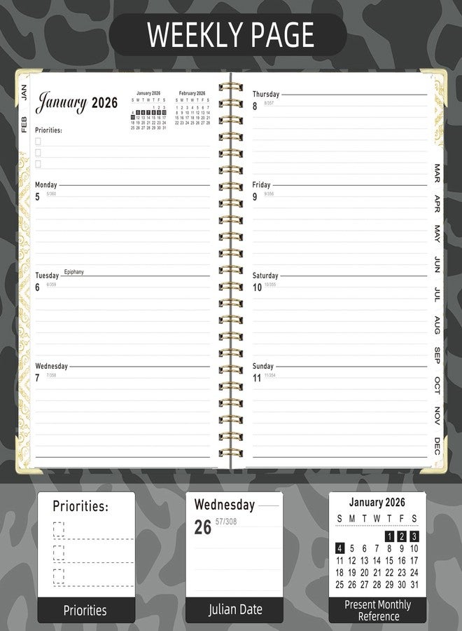 Knagsfa 2026 Planner, Jan.2026 - Dec.2026 Planner Weekly and Monthly 6.25"x8.5" with Page Tabs, Calendar Hardcover with Inner Pocket, Elastic Band,Twin-Wire Binding,Bookmark, Black Leopard - Image 5