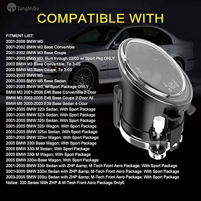 TangMiGe Fog Lights Compatible With Bmw E46 E39 M3 M5  3 Series 320I 323I 325I 325Xi 330I 330Xi 330Ci Sedan 325I 325Xi 330I 330Xi Wagon All WSport Package 1 Pair Fog Lamps - Image 3
