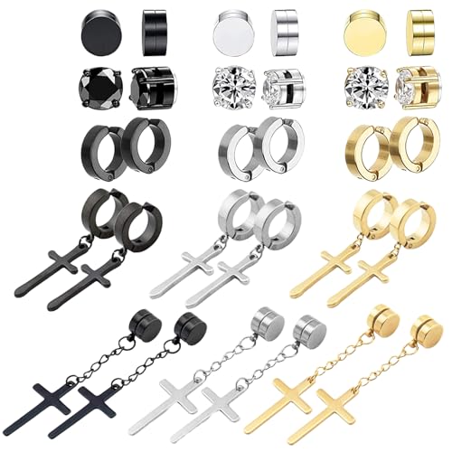 NEWITIN 15 Pairs Magnetic Stud Earrings for Men Clip on Earrings Stainless Steel Magnet Earring Unisex Dangle Cross CZ Hoop Magnetic Stud Earring Set for Men Women - Image 1