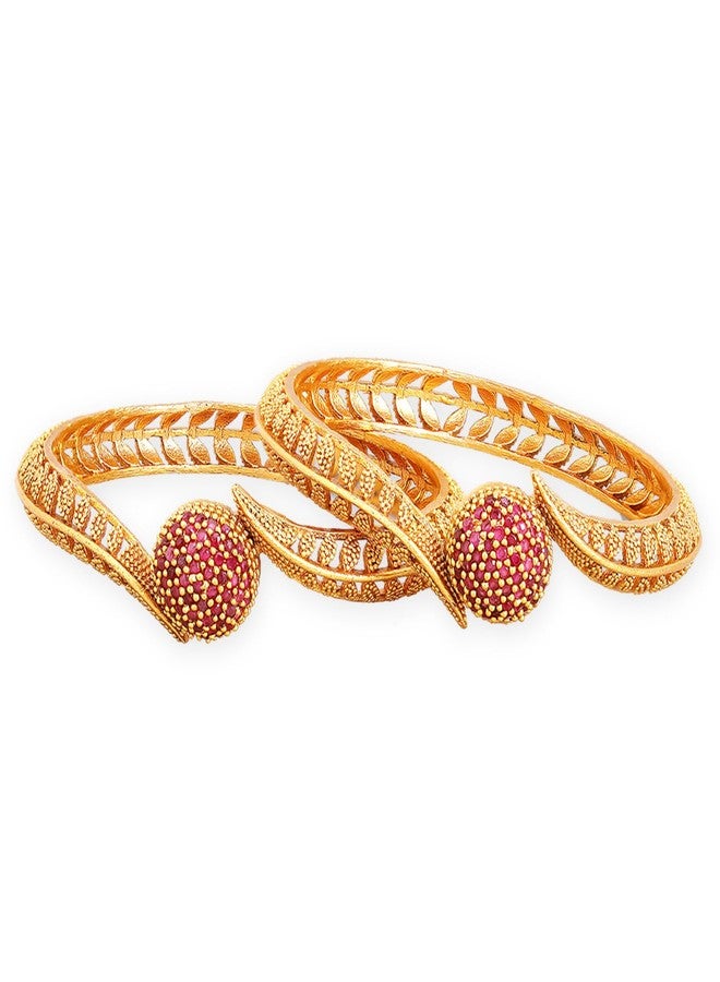 Rubans Set Of 2 Gold-Plated Red Emrald Studded Bangles For Women - Image 1