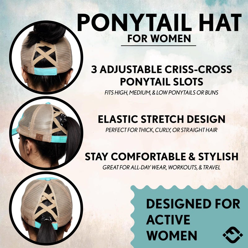 Funky Junque Distressed Criss Cross Hats for Women Ponytail Hat Funny Messy Bun Ball Cap Adjustable Elastic Bands - Beige Mesh - Mint (Distressed) - Image 3