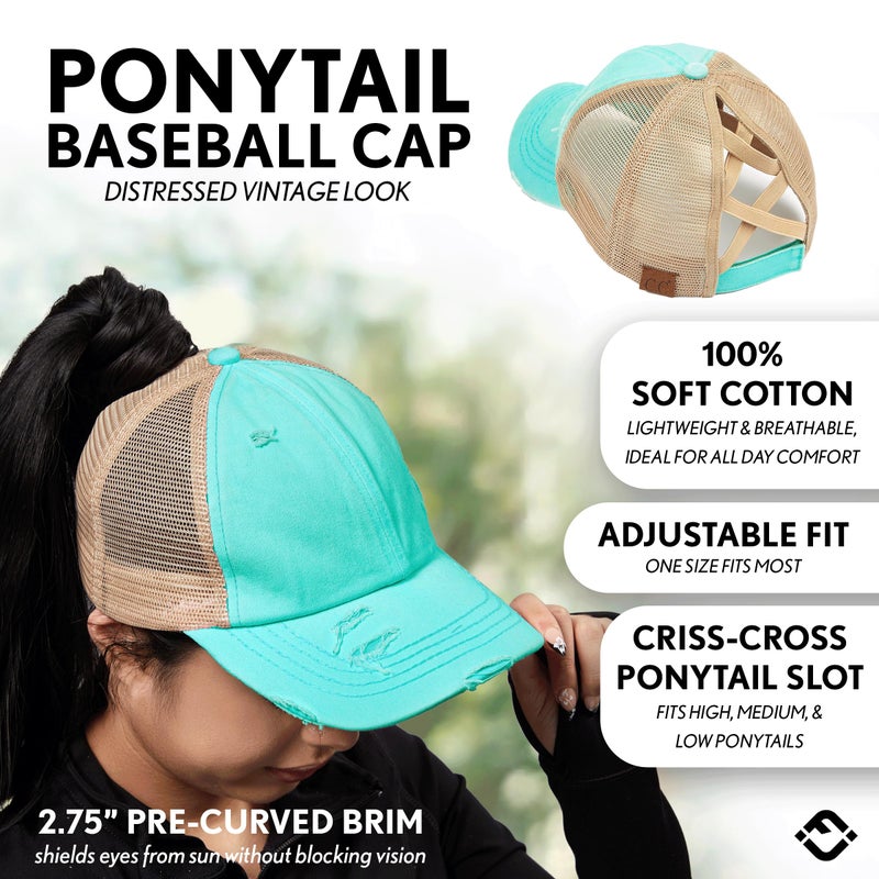 Funky Junque Distressed Criss Cross Hats for Women Ponytail Hat Funny Messy Bun Ball Cap Adjustable Elastic Bands - Beige Mesh - Mint (Distressed) - Image 2