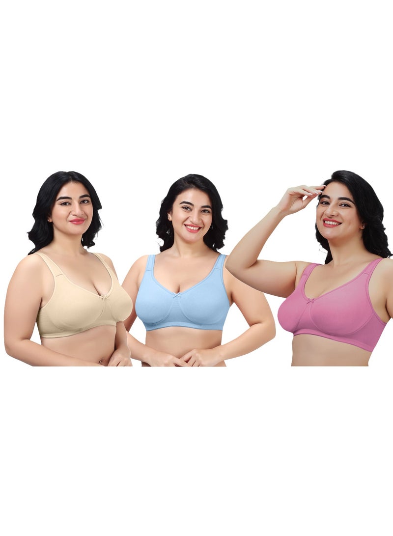 RAJNI 3-Pack Bra D Cup Soft Cotton Lycra Stretch Minimizer Seamless Molded Cups Non-Padded Wirefree Full Coverage Side Support No Dig Straps Women Ladies Plus Size - Image 1