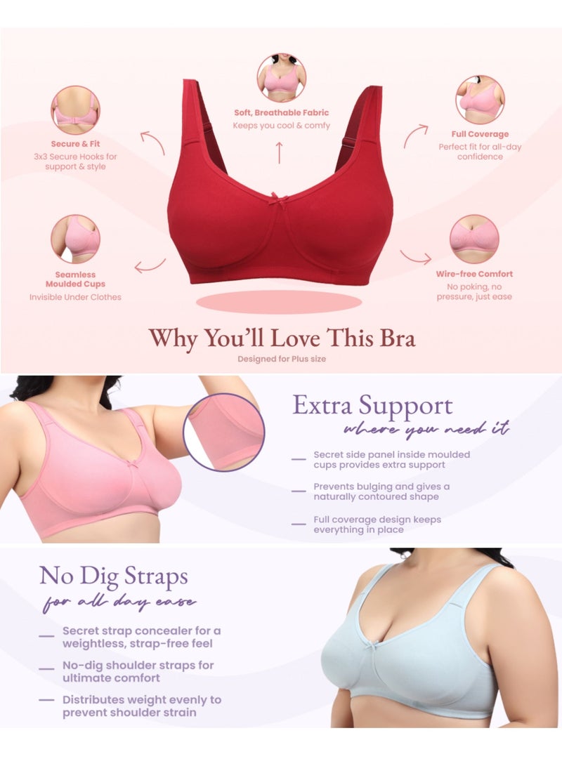 RAJNI 3-Pack Bra D Cup Soft Cotton Lycra Stretch Minimizer Seamless Molded Cups Non-Padded Wirefree Full Coverage Side Support No Dig Straps Women Ladies Plus Size - Image 4