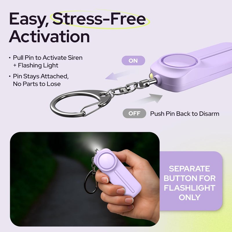 WETEN Personal Safety Alarm Keychain - 130dB Siren, LED Light, Panic Pin – Compact Self-Defense Device and Emergency Whistle Alternative for Women, College, Travel, and Night Walk Protection (Purple) - Image 3