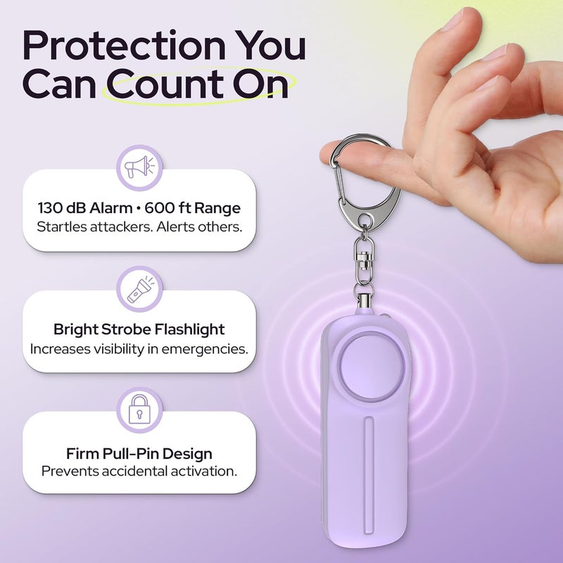 WETEN Personal Safety Alarm Keychain - 130dB Siren, LED Light, Panic Pin – Compact Self-Defense Device and Emergency Whistle Alternative for Women, College, Travel, and Night Walk Protection (Purple) - Image 2