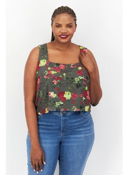 Bar III Women Plus Size Square Neck  Sleeveless Floral Print Top, Olive Combo  - Image 1