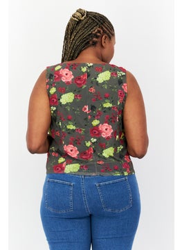 Bar III Women Plus Size Square Neck  Sleeveless Floral Print Top, Olive Combo  - Image 2