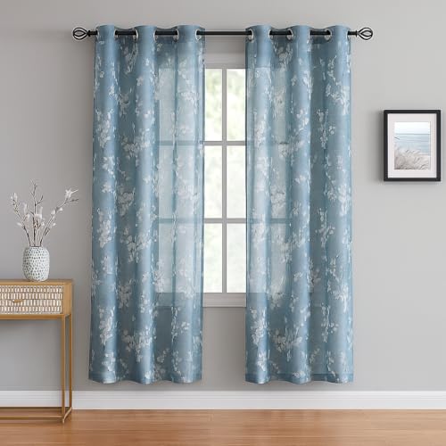BFAM Sheer Curtain with Floral Print, Premium Printed Sheer Drapes, Eyelet/Grommet Curtain for Living Room, Bedroom, Light Filtering Curtains, Blue Floral 5 Feet,Pack of 1 Curtain - Image 1