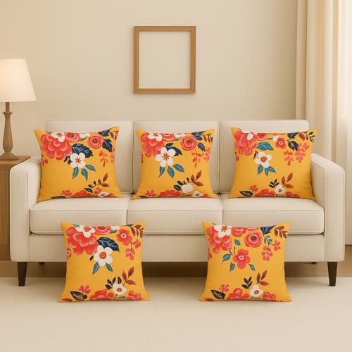 FABANE Jute Cushion Cover 18x18 Inch – Set of 3 Decorative Throw Pillow Covers for Sofa, Couch or Bed – Designer Printed Square Cushion Covers – Home Décor (Mustard Floral) - Image 5
