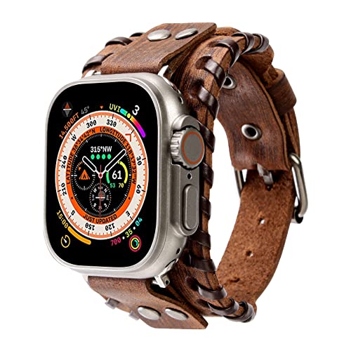 KONAFEI Compatible with Apple Watch Band 49mm 46mm 45mm 44mm 42mm 41mm 40mm 38mm iWatch Ultra Series 10/9/8/7/SE/6/5/4/3/2/1 for Men Women, Leather Handmade Cuff Bracelet Woven Vintage Strap, Brown - Image 1