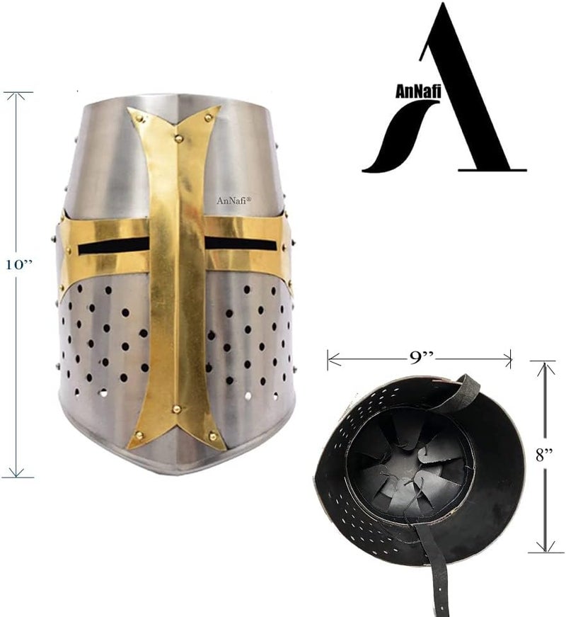AnNafi Brass Crusader Helmet - Premium Quality Medieval Knight Helmet with Leather Liner - Image 4