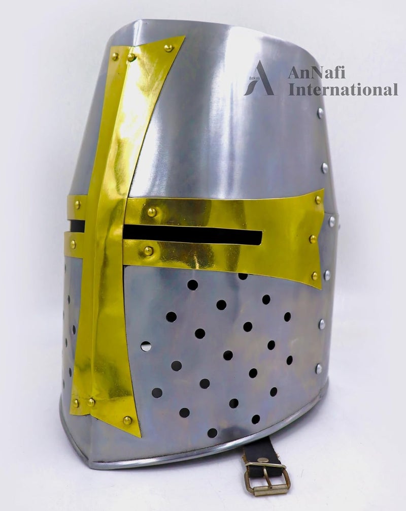 AnNafi Brass Crusader Helmet - Premium Quality Medieval Knight Helmet with Leather Liner - Image 3