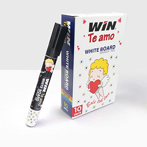 WIN Te Amo White Board Marker | Pack of 10, Black Ink Markers | Highlighter Pen | Bullet Tip for Bold Writing | Erasable Ink & Refillable Marker Pen | School & Office Use | Stationery Items - Image 1