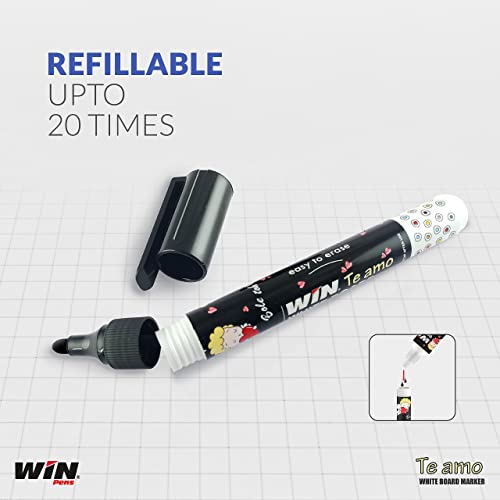 WIN Te Amo White Board Marker | Pack of 10, Black Ink Markers | Highlighter Pen | Bullet Tip for Bold Writing | Erasable Ink & Refillable Marker Pen | School & Office Use | Stationery Items - Image 5