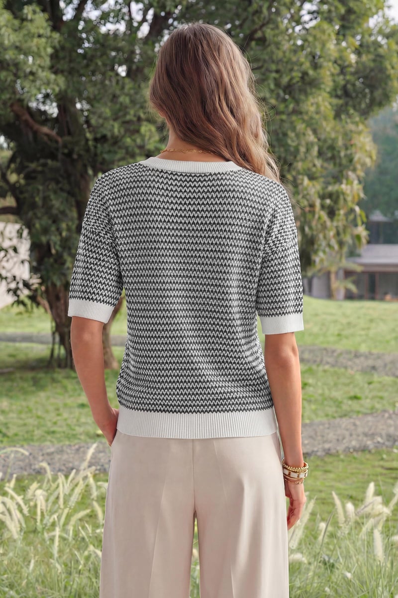 Arach&Cloz Women's 100% Cotton Short Sleeve Sweater Polo V Neck Striped Pullover Knit Spring Summer Casual Trendy Fashion 2026 Navy XL - Image 4
