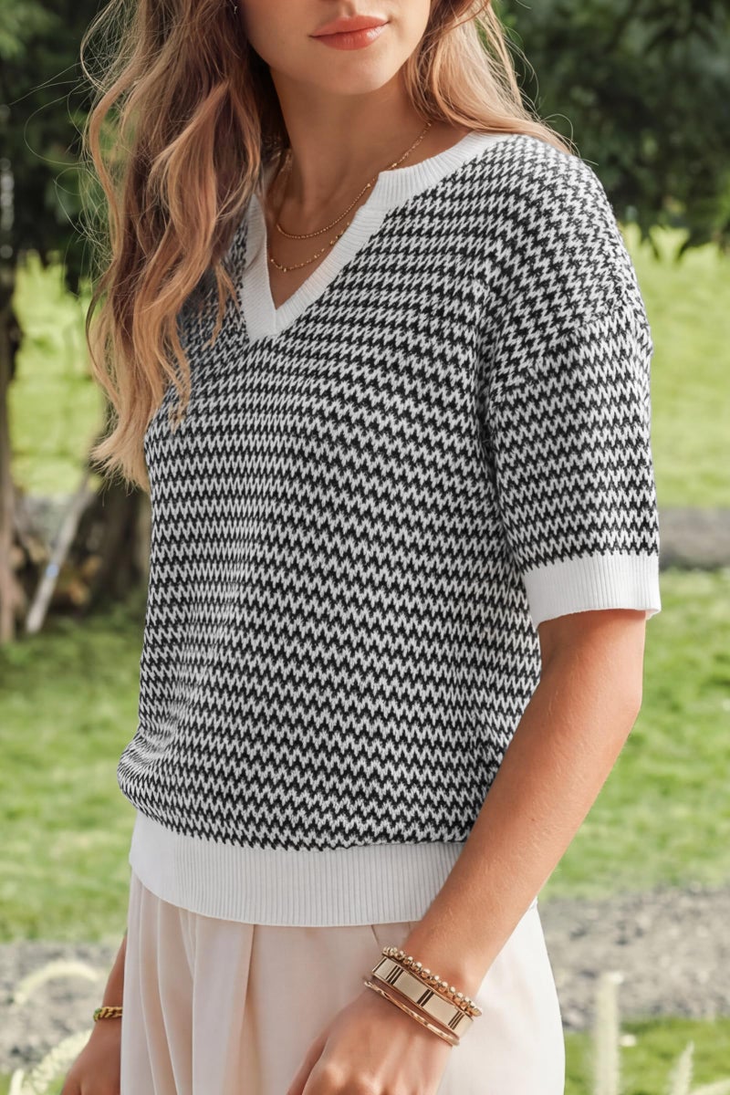 Arach&Cloz Women's 100% Cotton Short Sleeve Sweater Polo V Neck Striped Pullover Knit Spring Summer Casual Trendy Fashion 2026 Navy XL - Image 3
