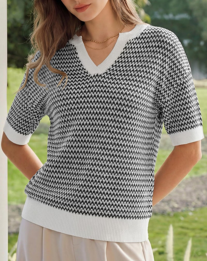 Arach&Cloz Women's 100% Cotton Short Sleeve Sweater Polo V Neck Striped Pullover Knit Spring Summer Casual Trendy Fashion 2026 Navy XL - Image 2