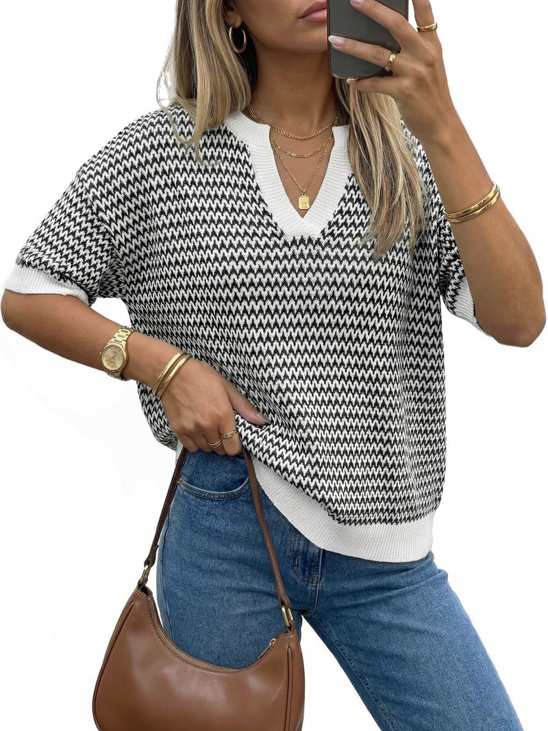 Arach&Cloz Women's 100% Cotton Short Sleeve Sweater Polo V Neck Striped Pullover Knit Spring Summer Casual Trendy Fashion 2026 Navy XL - Image 1