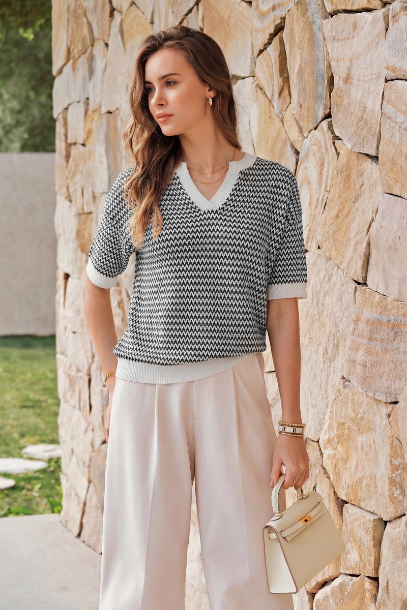 Arach&Cloz Women's 100% Cotton Short Sleeve Sweater Polo V Neck Striped Pullover Knit Spring Summer Casual Trendy Fashion 2026 Navy XL - Image 5