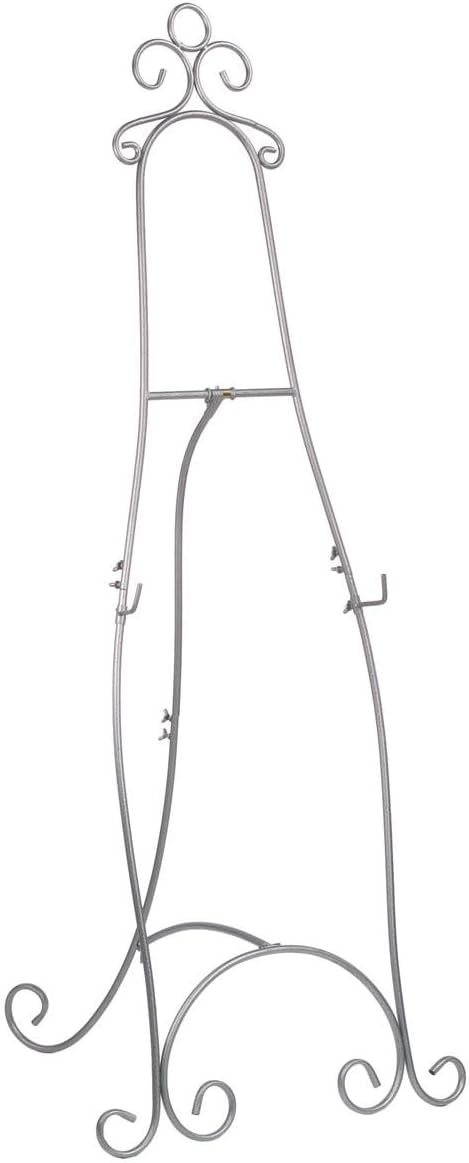 Displays2go Floor Easel with Decorative Scroll Detailing HeightAdjustable Hooks 7125 inches Tall Metal  Silver - Image 1