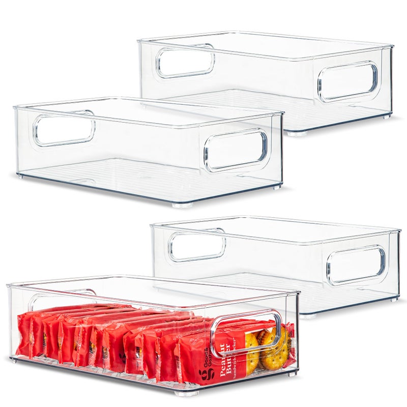 primebox Plastic Food Storage 4 Pack Clear Container Bin with Handles for Organizing Kitchen, Pantry, Refrigerator, Freezer, Pantry, Cabinet, Closet, Bathroom. Stackable 10”x6”x3” - Image 1