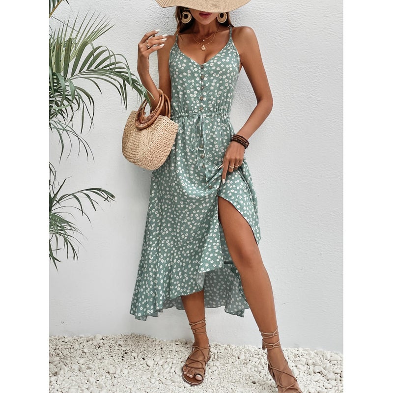 BROVAVE Women's 2026 Summer Casual Boho Sundress Polka Dot Spaghetti Strap V Neck Flowy Midi Dresses(008 Green#2, Large) - Image 2