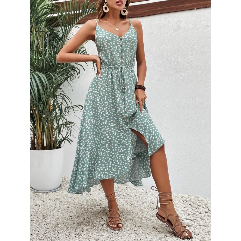 BROVAVE Women's 2026 Summer Casual Boho Sundress Polka Dot Spaghetti Strap V Neck Flowy Midi Dresses(008 Green#2, Large) - Image 3