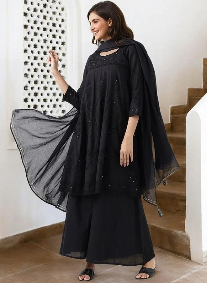 ISHIN Women's Black 100% Cotton Embroidered Tunic Full Length Palazzo Straight Fit Kurta Set