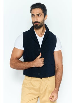 EMPORIO ARMANI Men Regular Fit Textured Sleeveless Waistcoat, Navy  - Image 1