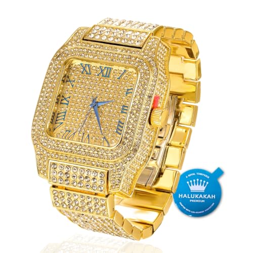 Halukakah Premium Moissanite Gold Watch for Men 18k Real Gold Plated Basic Waterproof Roman Numerals Square Dial 200G HeavyMade 3Sides Iced Out 95 Wristband Giftbox Included - Image 1