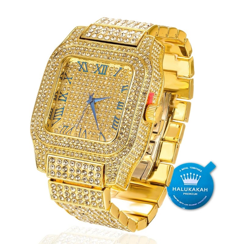 Halukakah Premium Moissanite Gold Watch for Men 18k Real Gold Plated Basic Waterproof Roman Numerals Square Dial 200G HeavyMade 3Sides Iced Out 95 Wristband Giftbox Included - Image 2