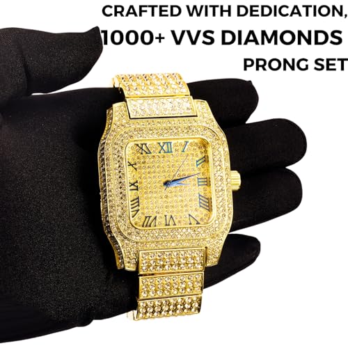 Halukakah Premium Moissanite Gold Watch for Men 18k Real Gold Plated Basic Waterproof Roman Numerals Square Dial 200G HeavyMade 3Sides Iced Out 95 Wristband Giftbox Included - Image 3