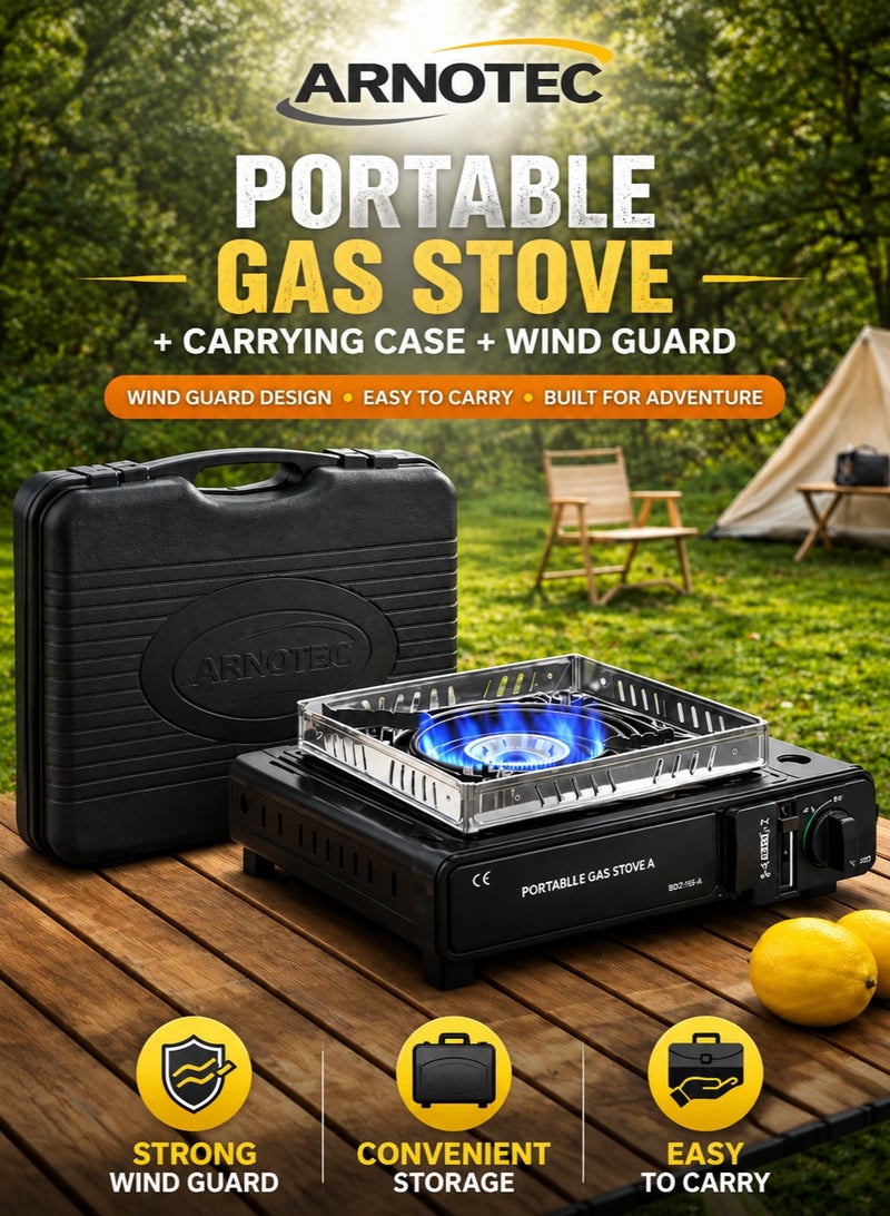 ARNOTEC Portable Camping Gas Stove 2900W with Wind Guard & Carrying Case – Adjustable Flame Outdoor Cooker for Camping, Hiking, BBQ & Emergency Use - Image 1