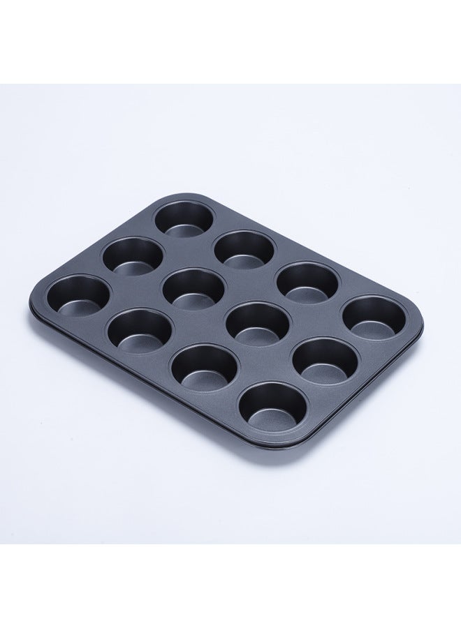 Non-stick 12-cavity Cake Mold Special Teflon Coating Baking Round Cake Mold Tart Molds Flat Bottom Muffin Cups-Specifications:12-hole Cake Mold With Cup Black - Image 1
