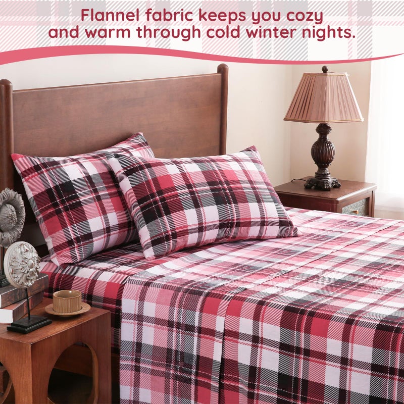 LONAVA 100% Cotton Flannel Sheet Set 4 Pieces, Heavy-Duty Fluffy Flannel Design, Thermal Lock Technology, 16 inch Deep Pocket Cozy Soft Bedsheets,(Full,Red & Black Plaid) - Image 2