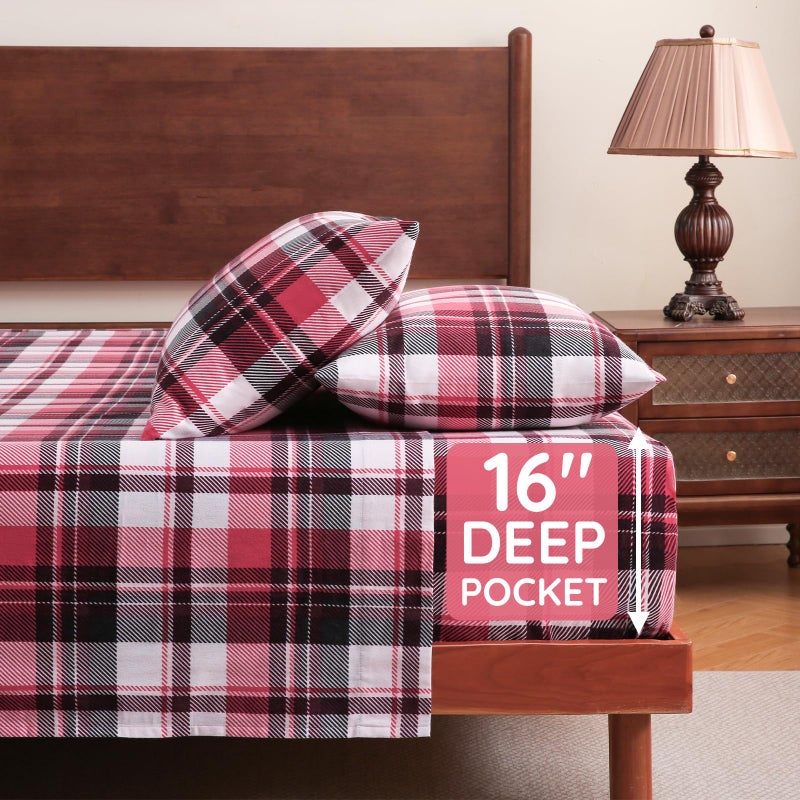 LONAVA 100% Cotton Flannel Sheet Set 4 Pieces, Heavy-Duty Fluffy Flannel Design, Thermal Lock Technology, 16 inch Deep Pocket Cozy Soft Bedsheets,(Full,Red & Black Plaid) - Image 5