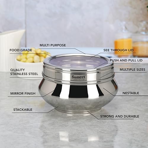 Sumeet Stainless Steel Handi Shape Big Size Canisters/Dabba/Storage Containers Set for kitchen with Transparent See Through Lid, 14.5cm Dia, 1400ml, Pack of 1, Silver - Image 2