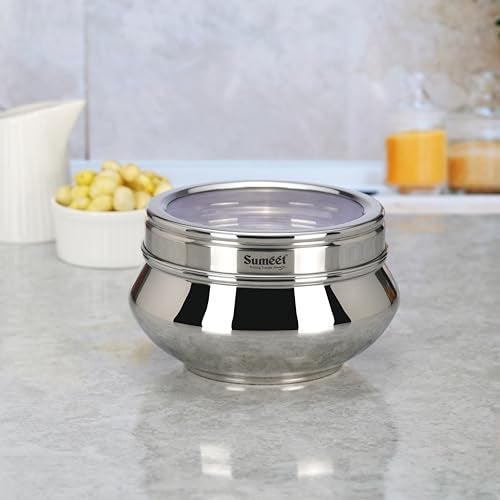 Sumeet Stainless Steel Handi Shape Big Size Canisters/Dabba/Storage Containers Set for kitchen with Transparent See Through Lid, 14.5cm Dia, 1400ml, Pack of 1, Silver - Image 1