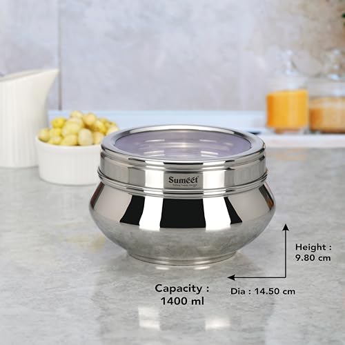Sumeet Stainless Steel Handi Shape Big Size Canisters/Dabba/Storage Containers Set for kitchen with Transparent See Through Lid, 14.5cm Dia, 1400ml, Pack of 1, Silver - Image 4