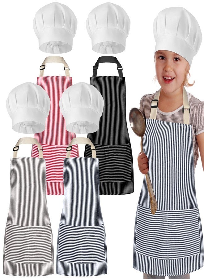 Bunnycool 4 Sets Kids Apron and Chef Hat Set Toddler Adjustable Stripe Cotton Child Aprons with 2 Large Pocket for Children Age 2 to 5 Years Boys Girls Cooking Baking Painting - Image 1