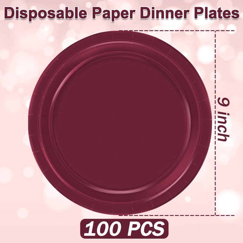 QZYL 100 PCS Disposable Plates  Burgundy Paper Plates  9"" Sturdy Paper Plates Round Dinner Plates Hot Cold Food Tableware Bulk for Daily Use Party Supplies Birthday Camping Picnic - Image 1