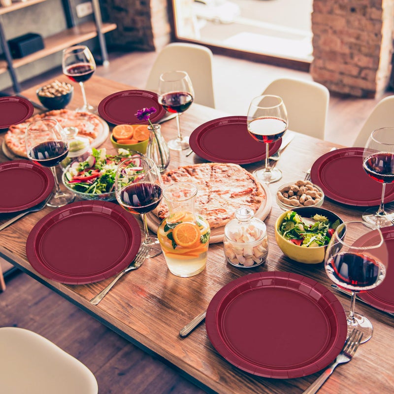 QZYL 100 PCS Disposable Plates  Burgundy Paper Plates  9"" Sturdy Paper Plates Round Dinner Plates Hot Cold Food Tableware Bulk for Daily Use Party Supplies Birthday Camping Picnic - Image 3