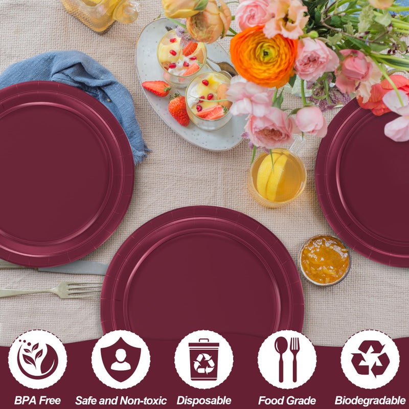 QZYL 100 PCS Disposable Plates  Burgundy Paper Plates  9"" Sturdy Paper Plates Round Dinner Plates Hot Cold Food Tableware Bulk for Daily Use Party Supplies Birthday Camping Picnic - Image 2