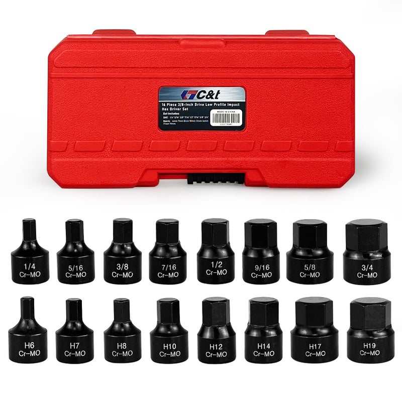 CT 16 Piece 38Inch Drive Low Profile Impact Hex Driver SetSAEMetric14 Inch 34 Inch 6mm 19mm CrMo Steel Hex Bit Socket Set Heavy Duty Storage Case